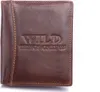 A brown leather wallet with embossed text. Podgląd zdjęcia produktu