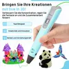 A hand holding a blue 3D pen with various 3D printed creations around it, including a castle, a panda, and a parrot. Anteprima dell’immagine prodotto
