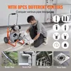 A man is using a pipe cleaning machine with various attachments, with images of different pipe types at the bottom. Podgląd zdjęcia produktu