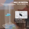 A clear acrylic podium with text overlays highlighting its features. Náhled obrázku produktu
