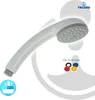 A white and gray hand shower with a curved handle, shown against a white and light gray background. Several colored rings are displayed next to the shower head. Produktbild-Vorschau