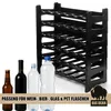 A black plastic bottle rack is shown with various bottles and water bottles in front of it. A promotional banner and logo are at the bottom. Produktbild-Vorschau