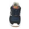 A front view of a navy blue safety shoe with white accents and a brown sole. Produktbild-Vorschau