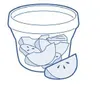 A line drawing of a container filled with sliced fruit, with one slice in front of the container. Produktbild-Vorschau