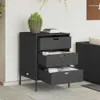 A black poly rattan cabinet with three drawers is shown on a tiled patio next to a white wall. Anteprima dell’immagine prodotto