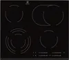 A top-down view of a black glass ceramic induction hob with four cooking zones and control panel. Produktbild-Vorschau