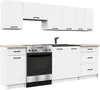 A white modular kitchen unit with cabinets, drawers, a stove, and a sink. Voir les images du produit
