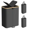 A laundry basket with two compartments and a lid, shown from the front. Two folded versions of the basket are shown on the right side of the image. Náhled obrázku produktu