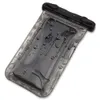 A black smartphone inside a clear waterproof pouch with water droplets on the outside. Produktbild-Vorschau