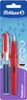 A product package for a red Pelikan fountain pen, including two ink cartridges. Produktbild-Vorschau
