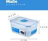 A clear plastic food container with blue accents, showing its dimensions. Voir les images du produit