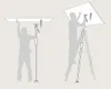 Two illustrations showing how to use a telescopic support pole to hold up a ceiling panel. The first shows a person using the pole from the floor, and the second shows a person on a ladder using the pole. Náhľad obrázku produktu