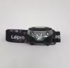 A black headlamp with a patterned strap is centered against a white background. Produktbild-Vorschau