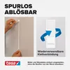 A collage showing how to use tesa Powerstrips Klettstrips, with a close-up of a hand applying the strip and an illustration of the hook-and-loop connection. Anteprima dell’immagine prodotto
