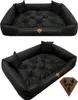 Two views of a black dog bed, one from the side and one from a slightly elevated angle, with a separate logo tag. Náhľad obrázku produktu