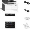 A product shot of a Pantum printer and its accessories, including toner cartridges, cables, a CD, and manuals, arranged against a white background. Produktbild-Vorschau