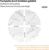 Diagram showing how a round tabletop is formed by splicing four pieces together, with arrows indicating the joining points. Produktbild-Vorschau
