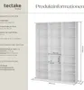 A product information collage showing a white CD/DVD shelf with dimensions and technical specifications. Náhled obrázku produktu