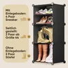 A black shoe rack with various shoes displayed on its shelves, next to a panel with text and icons describing shoe storage options. Podgląd zdjęcia produktu