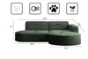A diagram showing the dimensions of a dark green sectional sofa with rounded ends, made of corduroy fabric. Icons indicating features like easy cleaning, pet-friendliness, and eco-friendliness are also present. Náhled obrázku produktu