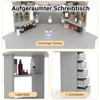 A collage of images showing a makeup vanity with storage and drawers, highlighting its features and organization. Voir les images du produit