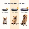 A size chart for dog beds, showing three different sizes with corresponding dog breeds and dimensions. Produktbild-Vorschau