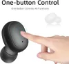 A hand is shown touching a black wireless earbud, with a white earbud visible in the background. Text overlays describe the product's features. Produktbild-Vorschau