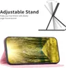 A product image showing a phone case with a landscape image on it, and a diagram illustrating an adjustable stand feature. Produktbild-Vorschau