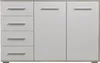 A front view of a white and wood-colored dresser with five drawers on the left and two cabinet doors on the right. Náhled obrázku produktu