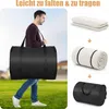 A man carries a large black bag over his shoulder, with smaller images showing a mattress being folded and rolled. Náhľad obrázku produktu