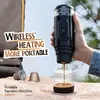 A portable espresso machine is being used outdoors, with text overlays highlighting its features. Podgląd zdjęcia produktu