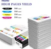 A marketing image showing stacks of paper and printer ink cartridges, with text indicating high page yield for different ink colors. Produktbild-Vorschau