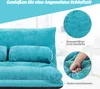 A close-up view of a blue floor sofa with descriptive text and detail shots. Voir les images du produit