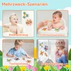A collage of four images showing babies and children using suction cup fidget spinner toys in different scenarios: bath time, mealtime, table play, and travel. Produktbild-Vorschau