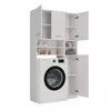 A white washing machine is shown integrated into a white storage cabinet system. Voir les images du produit