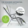 A gray aluminum garden chair is shown in multiple positions, demonstrating its adjustability. A close-up inset highlights the armrest. A green circular graphic indicates '7 positions'. Náhľad obrázku produktu