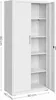 A white metal storage cabinet with its doors open, revealing shelves. Dimensions are indicated on the image. Produktbild-Vorschau