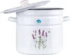 A white enamel pot with a lavender design and a slightly ajar lid. Produktbild-Vorschau
