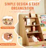 A collage displaying a wooden bookshelf for children, with text overlays highlighting features. Náhled obrázku produktu