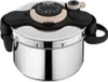 A stainless steel pressure cooker with a black and beige lid, shown from a slightly diagonal front view. Anteprima dell’immagine prodotto