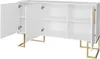 A white sideboard with gold legs, shown with its doors open to reveal shelves. Voir les images du produit