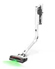 A white cordless vacuum cleaner is shown on a white background, with a green light emanating from the brush head. Produktbild-Vorschau