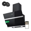 A black kitchen hood with silver accents, shown with two charcoal filters and a smartphone displaying its app interface. Náhled obrázku produktu