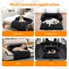 Collage showing a dog bed in different settings: bedroom, living room, sofa, and car. Produktbild-Vorschau