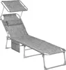 A gray, foldable chaise lounge with a canopy and a side pocket, shown against a white background. Produktbild-Vorschau
