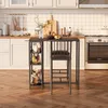 A kitchen scene with a bar table and stools, along with kitchen appliances and cabinets. Podgląd zdjęcia produktu
