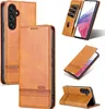 A collage of images showing a brown leather phone case for a Samsung Galaxy A54 5G from different angles, including its cardholder feature and stand function. Produktbild-Vorschau