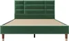 A dark green upholstered bed frame with a slatted mattress base and wooden legs, shown from the front on a white background. Produktbild-Vorschau