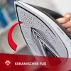 Close-up of the sole of a steam iron, with a red arrow pointing to the soleplate and text overlay. Podgląd zdjęcia produktu