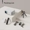 A mini projector and its accessories are neatly arranged on a multi-level white and gray surface, with the text 'Packing List' at the top. Produktbild-Vorschau